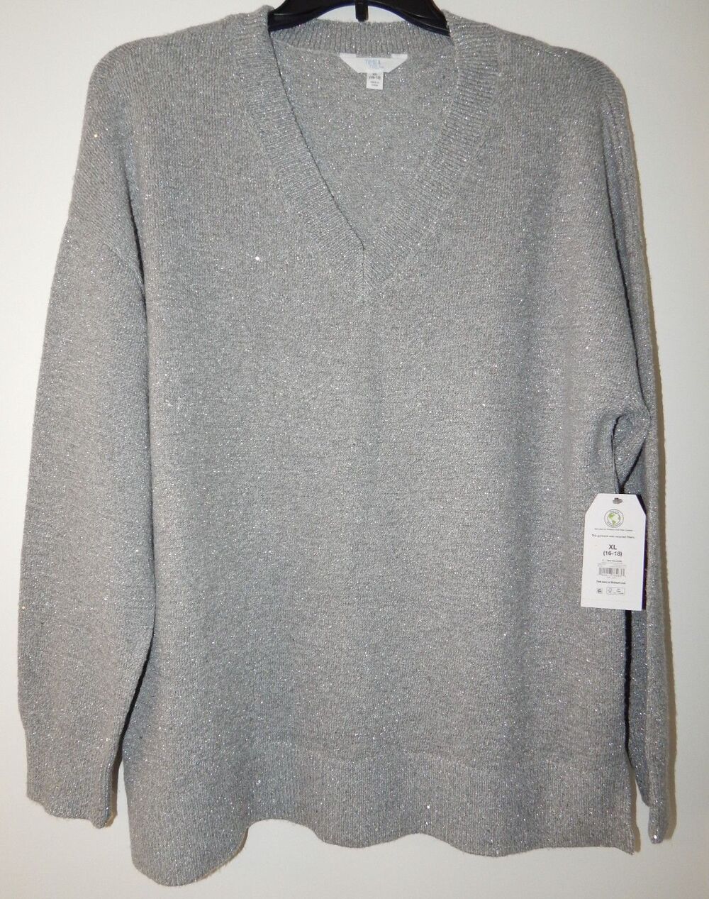 Women's Time And Tru V Neck Sequin Sweater GRAY Pullover Size XL (16-18) NWT - Picture 1 of 16